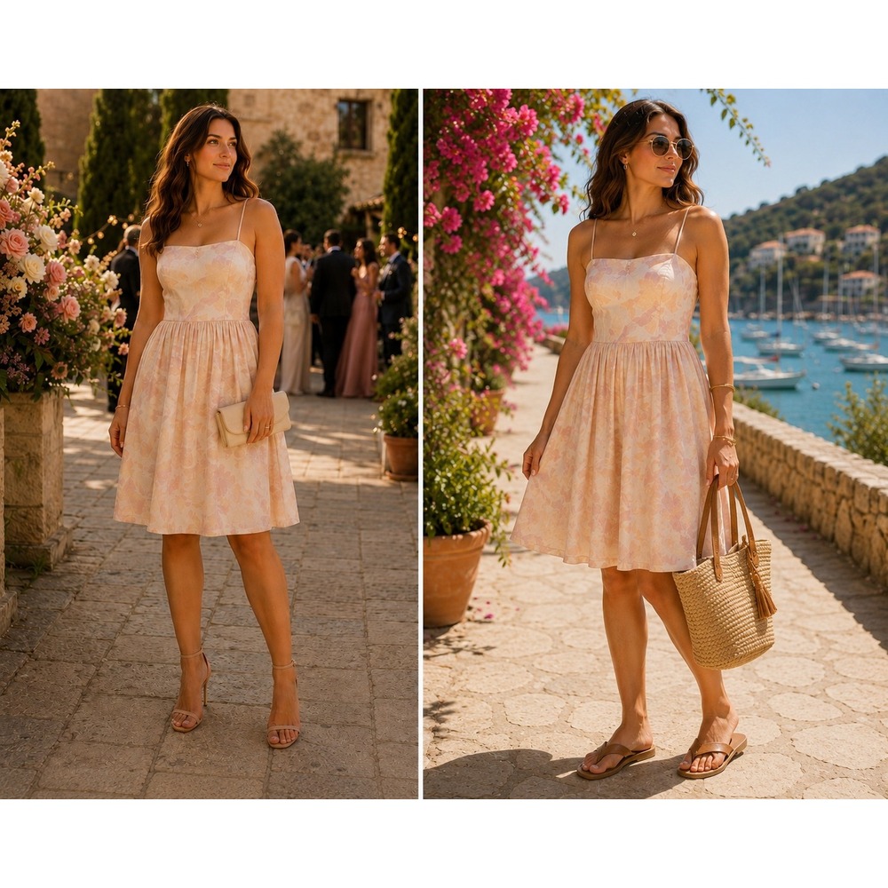 Romantic Blush Pink and Peach Floral Cotton Fit and Flare Summer Dress Size 12